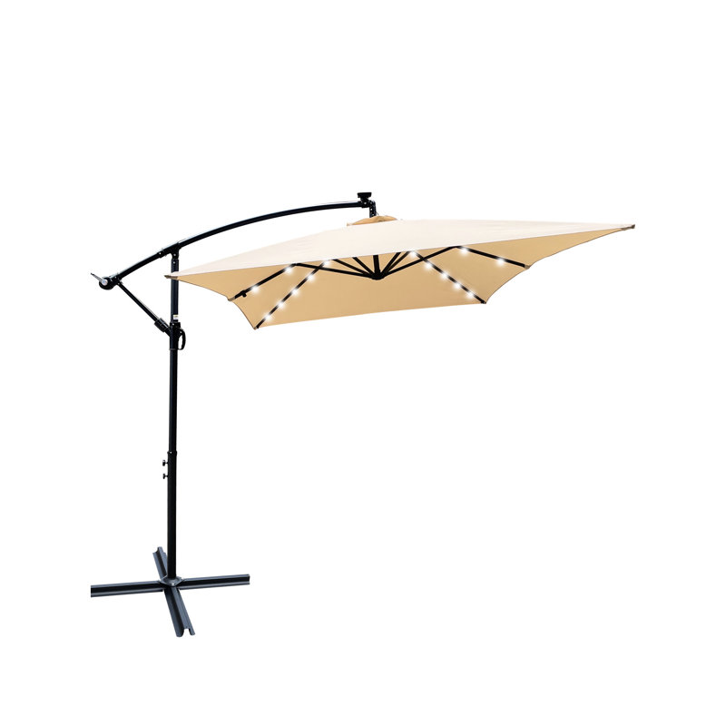 Parasol de patio avec éclairage solaire - Rectangle 2 x 3 m, résistant aux intempéries, 6 baleines, auvent brun clair, pour terrasse, piscine, poteau noir