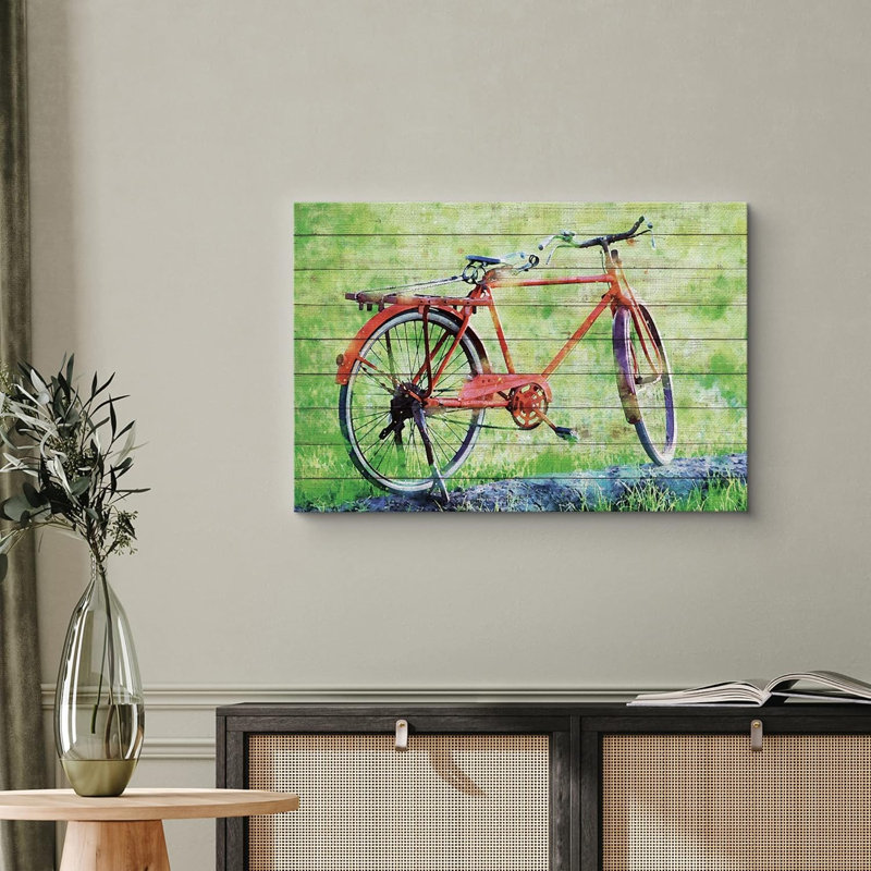Aquarelle, pastel, vert, vélo rétro, transport, vélos, effet bois, panneaux, rustique, H 32 po x l 48 po