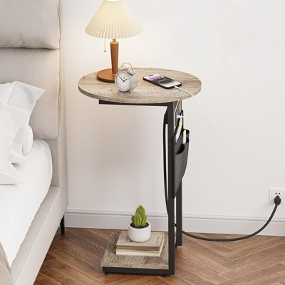 C-shaped End Table With Charging Station, Round Couch Table, Greige