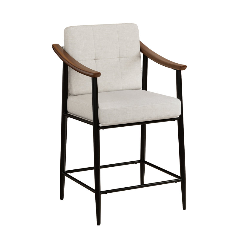 26-inch Medieval Style Bar Stool, Wooden Armrests, Sturdy Thickened Metal Frame, Classic High Stool, Ivory White Leather, 4