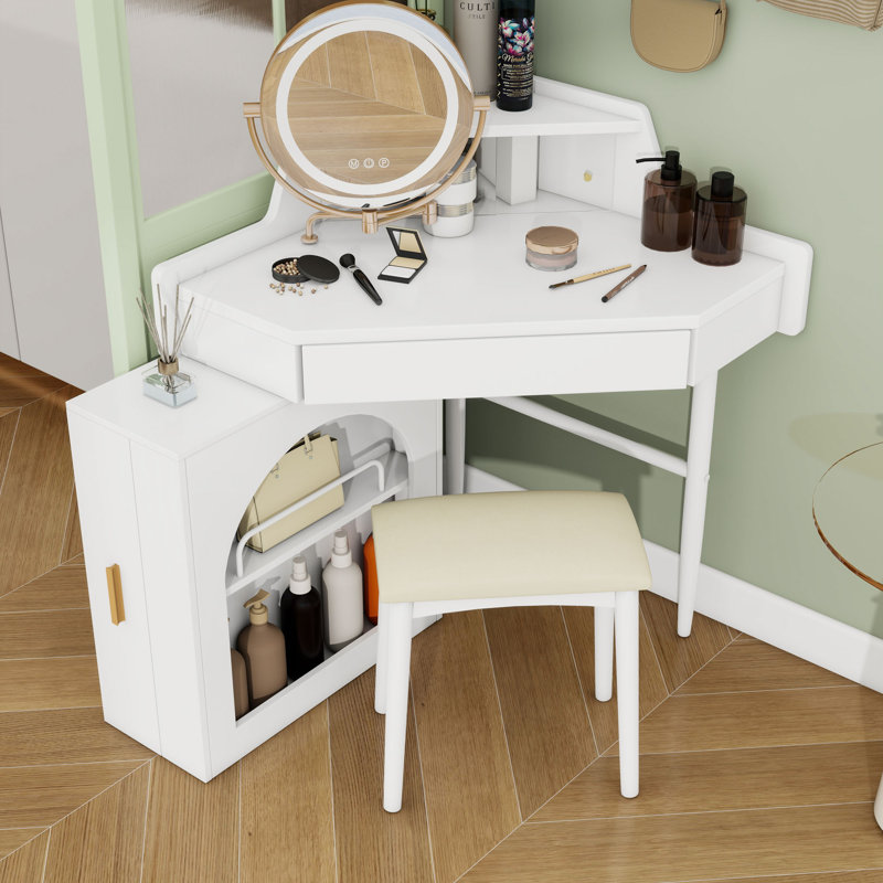 Bureau de coiffeuse avec miroir à DEL, tabouret et armoire latérale, Blanc