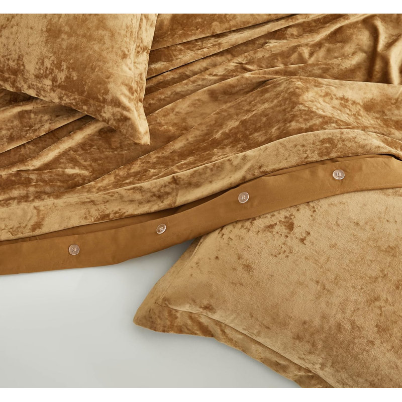 Piers Distressed Velvet Duvet Cover Set, Queen Duvet Cover + 2 Standard Shams, Caramel Gold