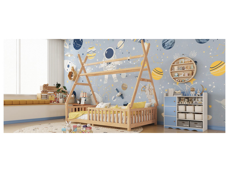 Lit en bois Kiran avec toit amovible et cadre en bois pour enfants, Simple, Naturel