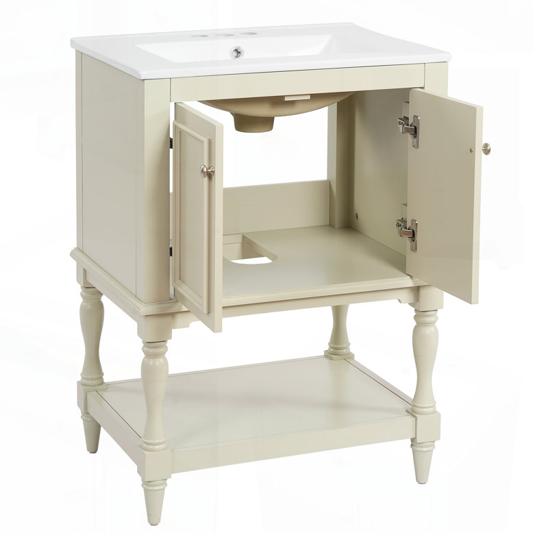 Meuble-lavabo de luxe moderne de 24 po avec lavabo en céramique, tablette ouverte et rangement fermé pour un design élégant