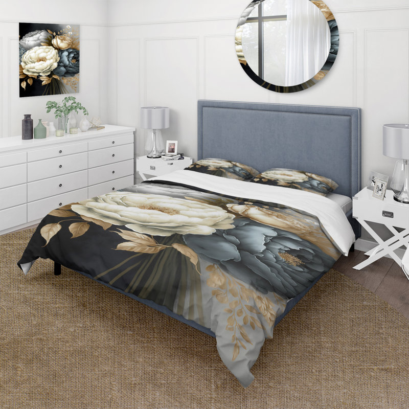 Bouquet de pivoines blanches, bleues et grises III - ensemble de housse de couette pivoine florale - polyester microfibre
