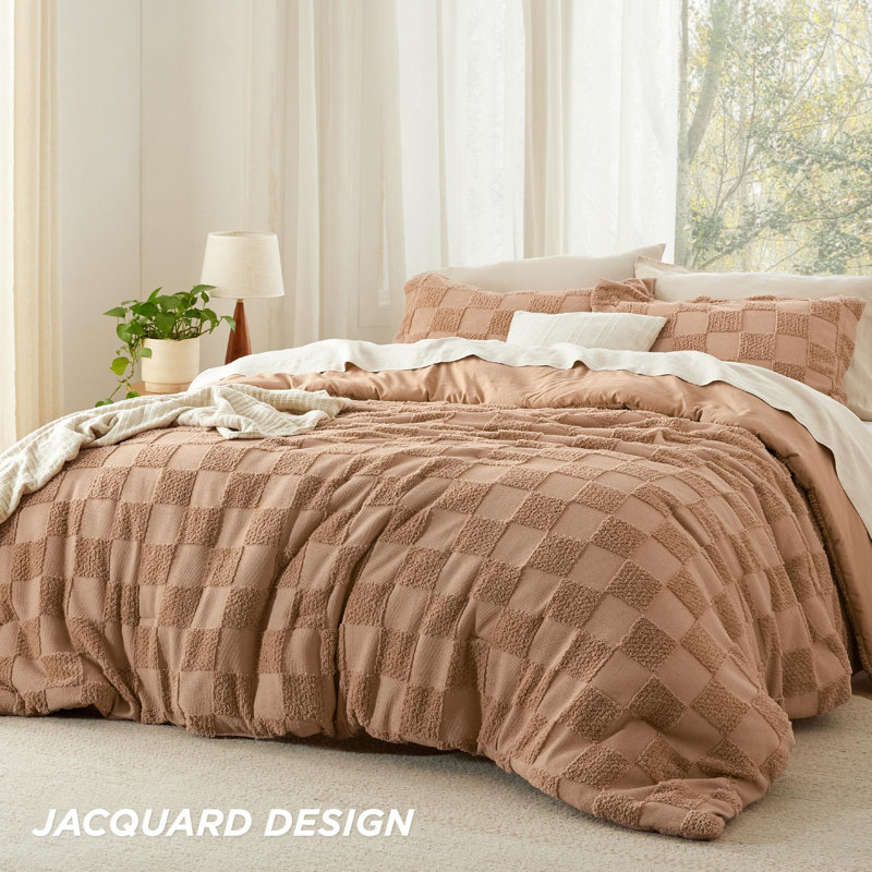 Bedsure Boho Tufted Checkered Farmhouse Comforter Set, 230GSM, Taupe, California King Comforter + 2 King Shams