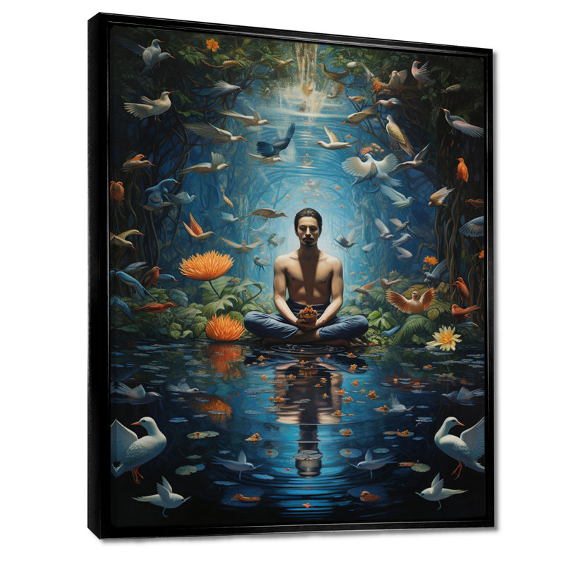 Yogi méditant sur un lac, fleur blanche, oiseau, yoga, décoration murale, Toile avec cadre flottant noir