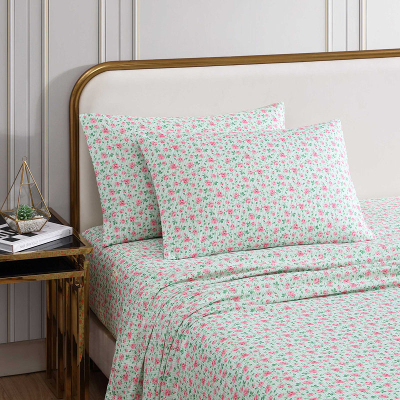 Flower Fun Pink and Green Microfiber Twin Sheet Set