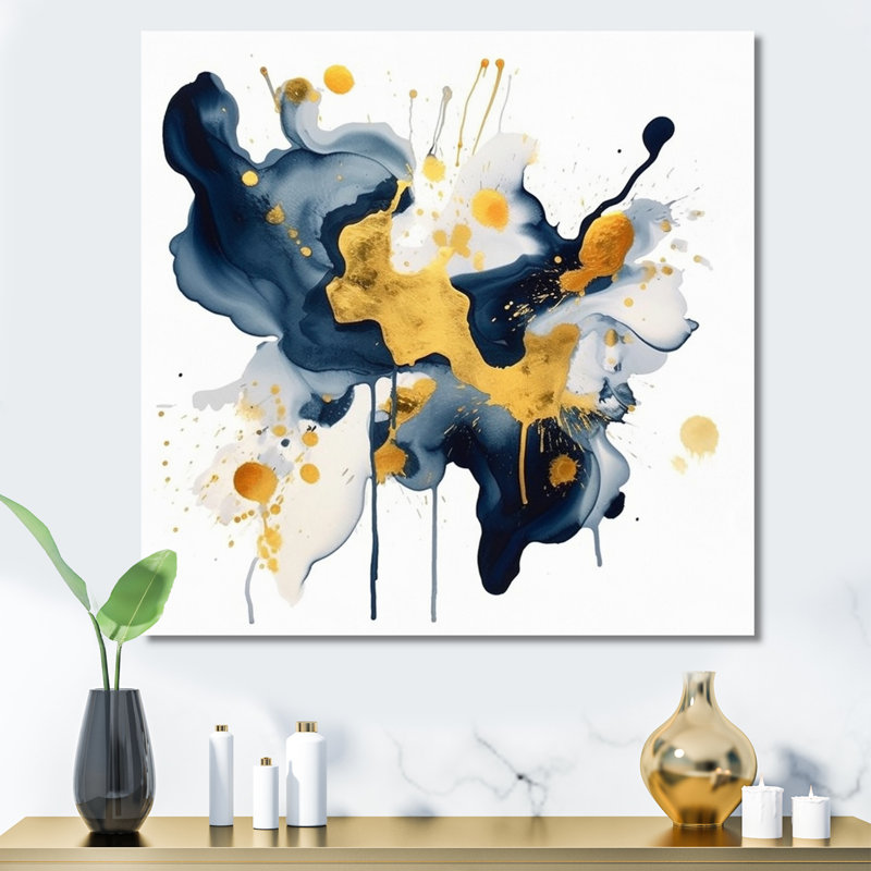 Bleu foncé et coups dorés XXII, H 16 po x l 16 po x P 1 po, Toile tendue