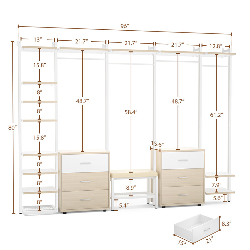 Strathaven Walk in Closet System with 6 Closet Drawers, White/Beige