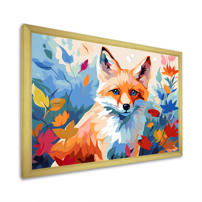«Orange Foxes Leaf Adventure I», art mural renard, Cadre doré à coins fermés, H 16 po x l 32 po x P 1 po