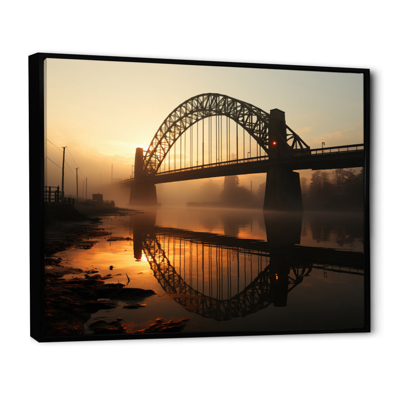 Orange Bridge At Dawn - Architecture Wall Decor, H 34 po x l 44 po x P 1,5 po, Cadre flottant noir