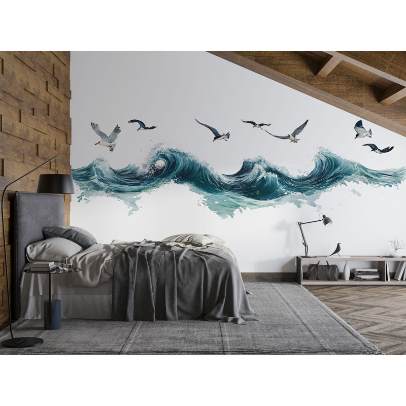 Ocean Waves Wall Decal, Coastal Wall Sticker, Beach Wall Art, Seagull Wall Mural, Bedroom Ocean Decor, 533Mv, 34" H x 65" W