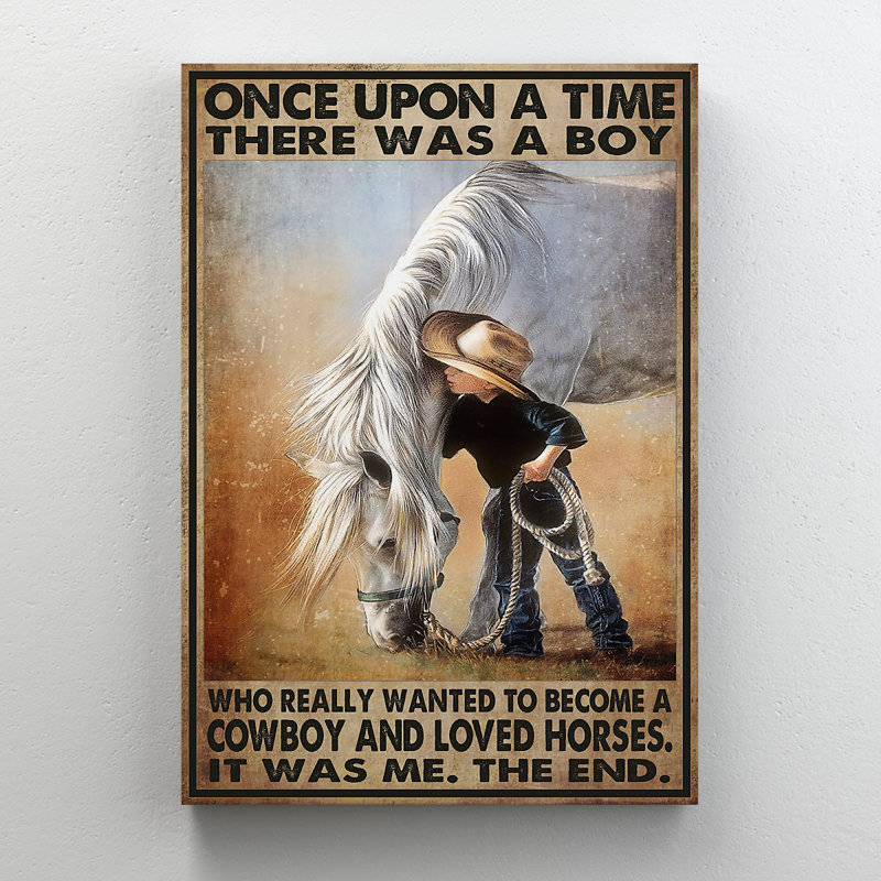 «Baby Boy With White Horse - Il y avait un garçon qui voulait vraiment devenir un cowboy», reproduction d'art graphique sur toile tendue