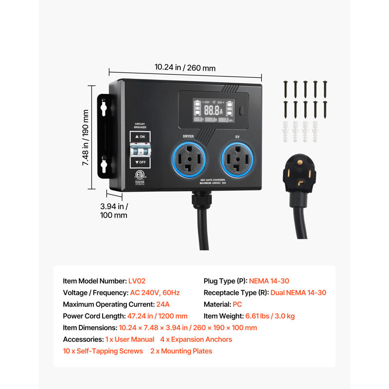 Commutateur automatique de charge pour véhicule électrique, NEMA 14-30, interrupteur répartiteur pour sécheuse et chargeur pour véhicule électrique, distribution intelligente de puissance 24A Max 240V avec disjoncteur, affichage en temps réel, pour véhicules électriques, fours, lave-vaisselle, ETL