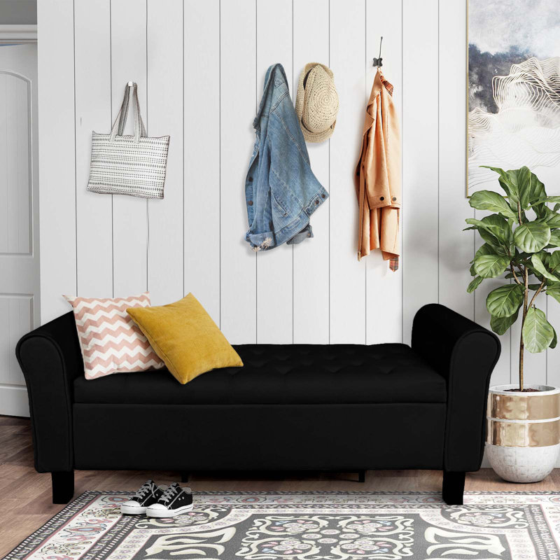 Upholstered Storage Bench End of Bed, Velvet, Black