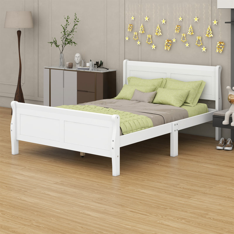 Wood Platform Bed Twin Bed Frame Mattress Foundation Sleigh Bed with Headboard AndFootboard, White, Twin
