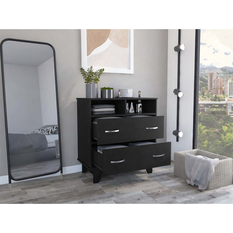 Commode à deux tiroirs Portanova avec deux tablettes ouvertes et un plateau supérieur, parfait pour le rangement organisé et la décoration moderne.