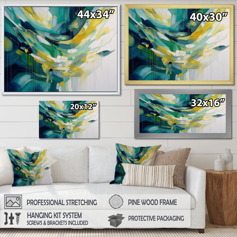 Impression sur toile jaune et turquoise, ordre complexe I - formes abstraites, Cadre simple noir