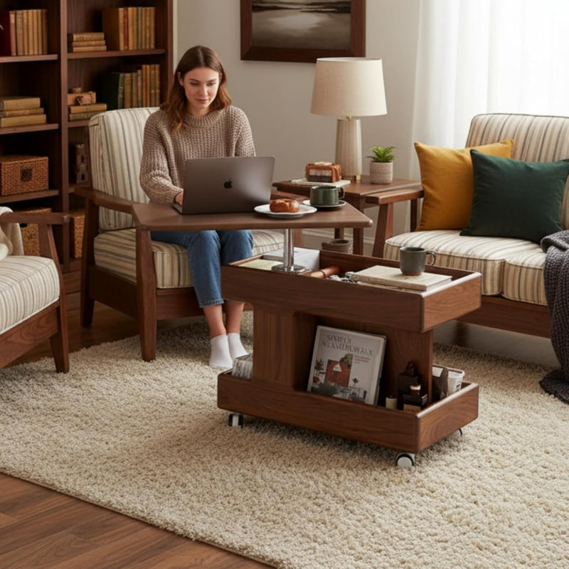  Table de bout mobile en chêne massif avec plateau relevable réglable et rangement, Chêne brun