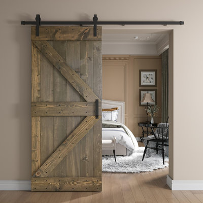 Panelled Wood and Metal K Series DIY Knotty Barn Door with Installation Hardware Kit