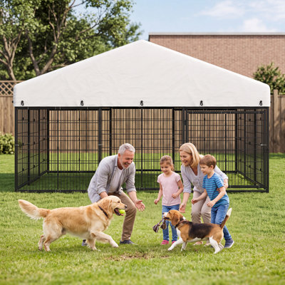 Large Outdoor Dog Kennel with Lockable Gate, Galvanized Steel Dog Enclosure | Waterproof UV-Proof Roof, Ground Anchors, Anti-Rust Heavy-Duty Playpen for Outside and Patio
