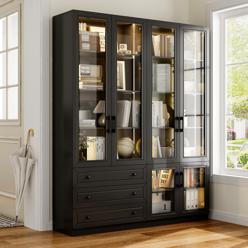 63" Glass Door Display Bookcase Cabinet With LED Lighting, Black