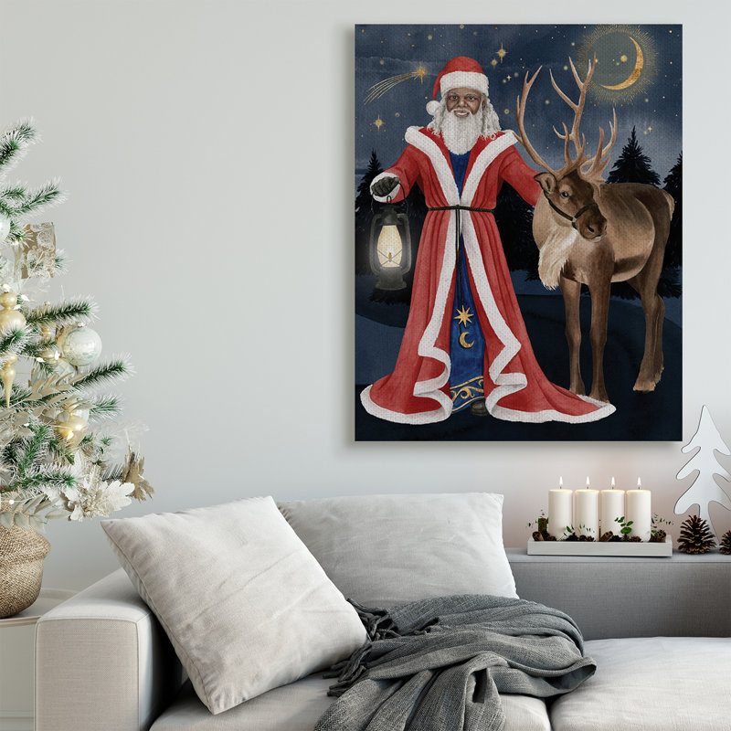 Père Noël sous la nuit, lanterne d'hiver, H 48 po x l 36 po, Toile tendue