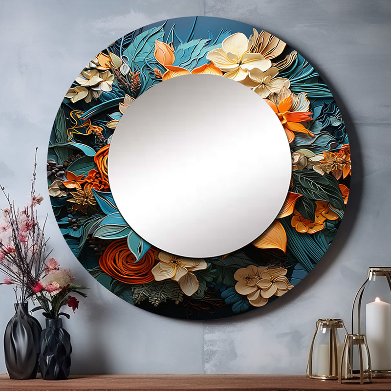 Setara Orange Blue Tropical Tangle III - Abstract Collages Decorative Mirror, Modern Round Wall Mirror, Printed Metal Art