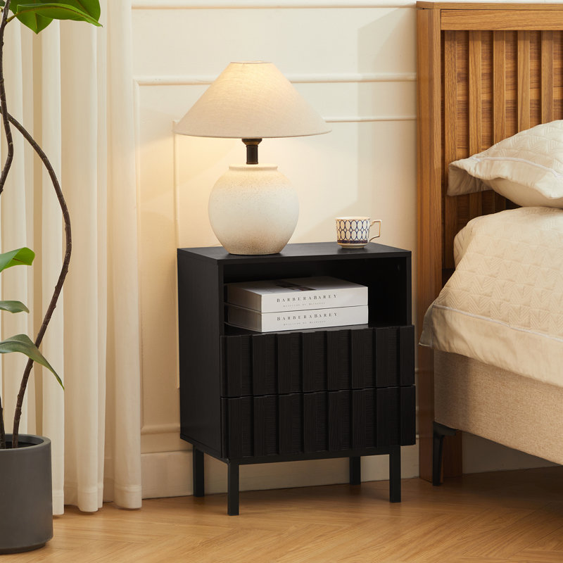Wooden Stripe 2 Drawer Nightstand, Black