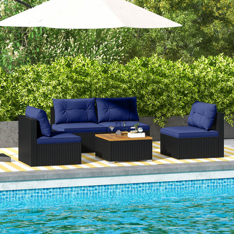 5 PCS Rattan Sofa Set Outdoor Wicker Furniture Set w/ Back Cushions & Square Coffee Table, Navy