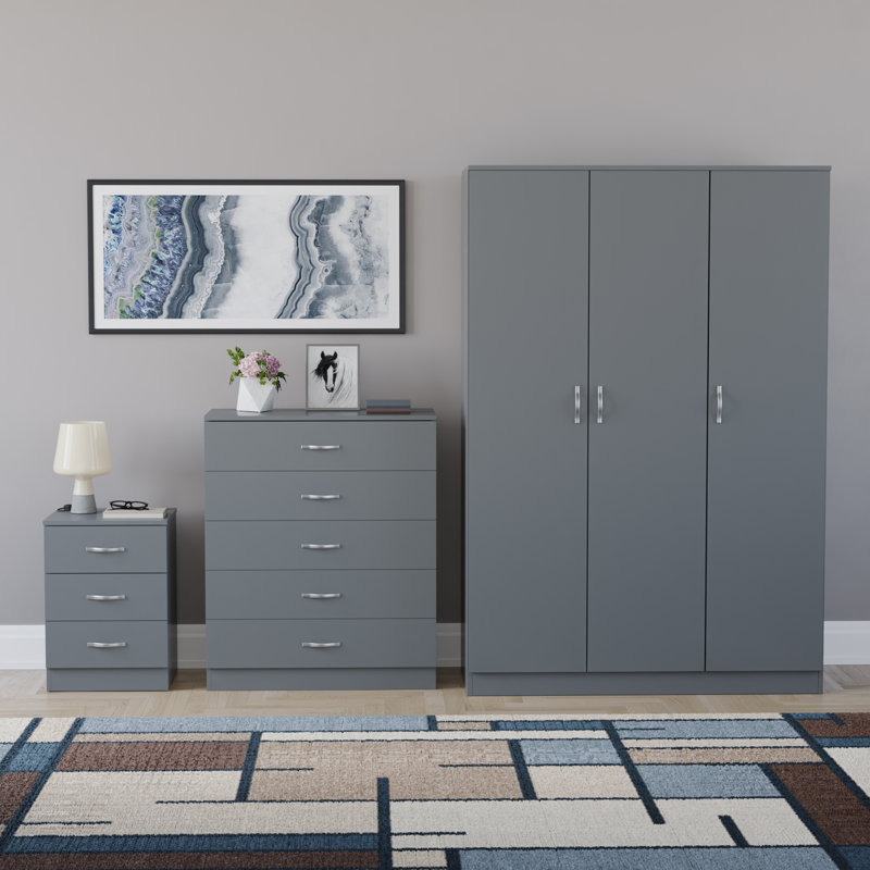Maybery 3 Piece Bedroom Set (3 Drawer Bedside Chest, 5 Drawer Chest, 3 Door Wardrobe), (5), Grey
