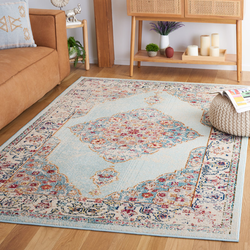 Tapis oriental oriental fabriqué à la machine ivoire / turquoise, Rectangle 5 pi 1 po x 7 pi 7 po