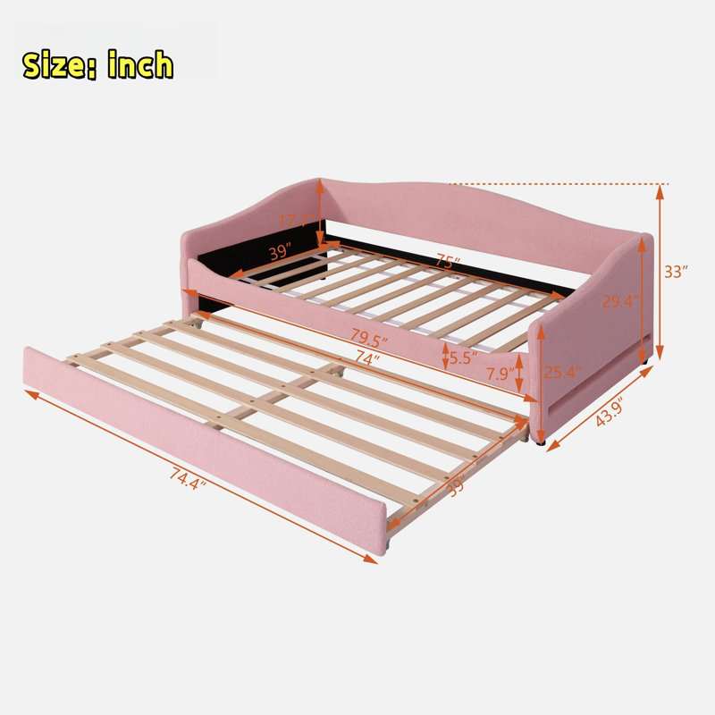 Taomi Upholstered Daybed with Light and Trundle, Twin, Pink