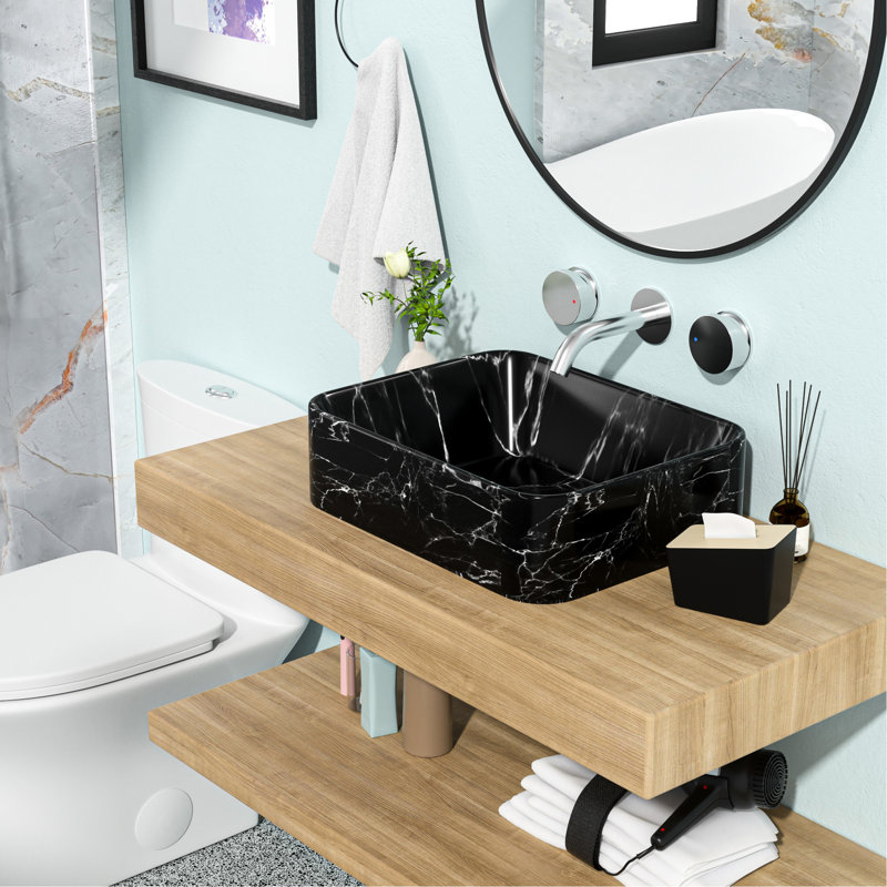 Élégant lavabo vasque de salle de bain en céramique 19 po x 15 po - Motif de marbre noir et gris, qualité de surface lisse