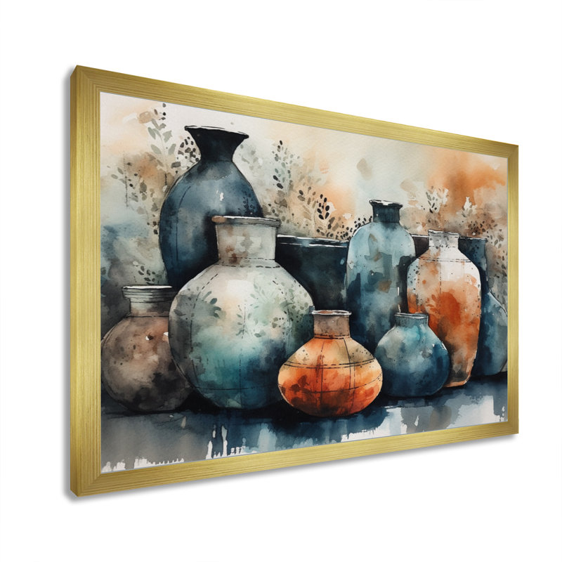 Art mural bleu et orange Kamani - art mural Boho Pottery II, H 12 po x l 20 po x P 1 po, Cadre doré