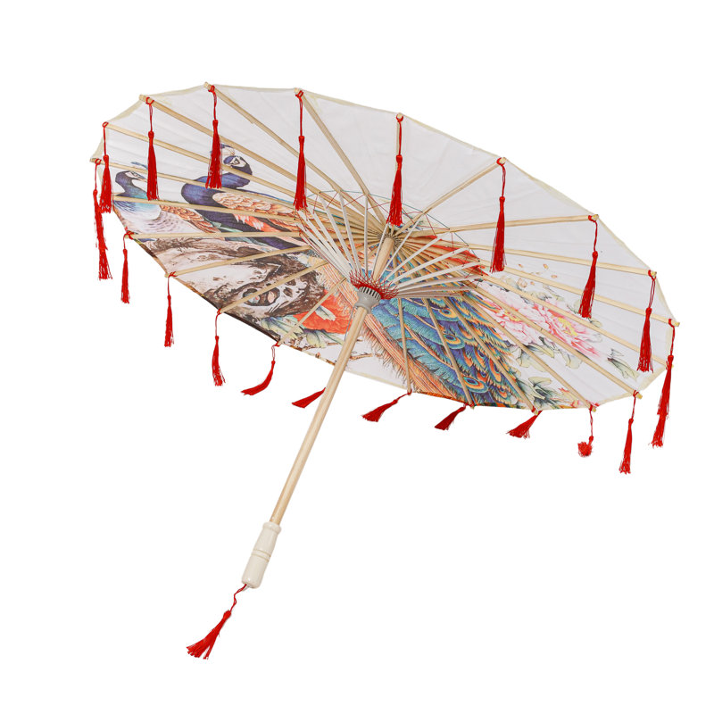 Classic Chinese Art Asian Style 33" Silk Parasol Umbrella With Tassels For Wedding Parties, Photography, Costumes, Cosplay, Decoration And Other Events - White With Peacock