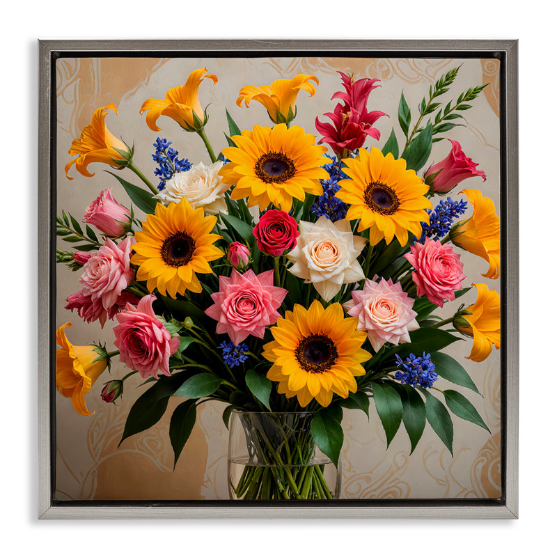«Bold Sunflowers Mixed Bouquet», Cadre flottant gris lustré, H 25 po x l 25 po