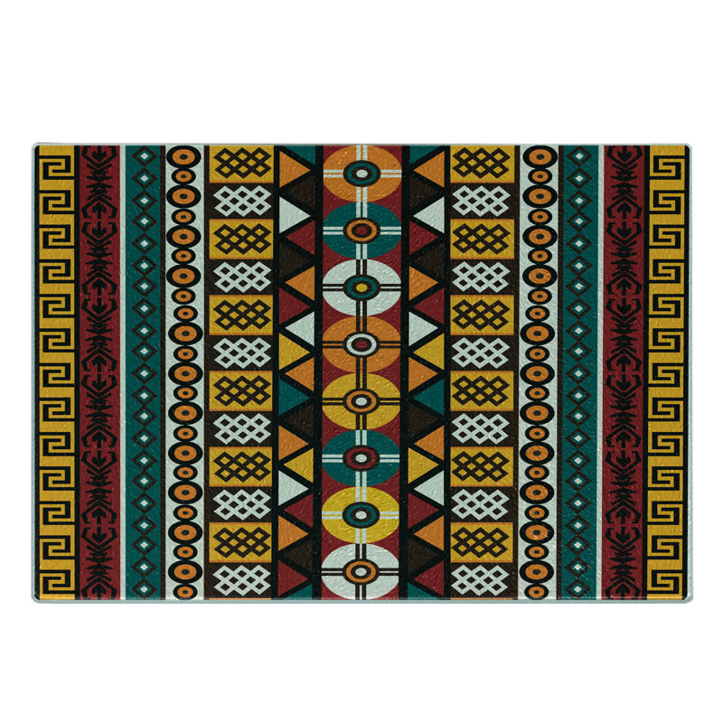 Ambesonne Kente Pattern Tempered Glass Cutting Board Prehistoric Borders Multicolor