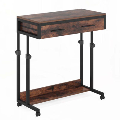 Portable Laptop Desk with Drawer & Wheels, Height Adjustable Rolling Standing Desk with Storage Shelf, Mobile Sofa Side Table for Bed, Couch, or Home Office, 31.5” Tabletop – Rustic Brown