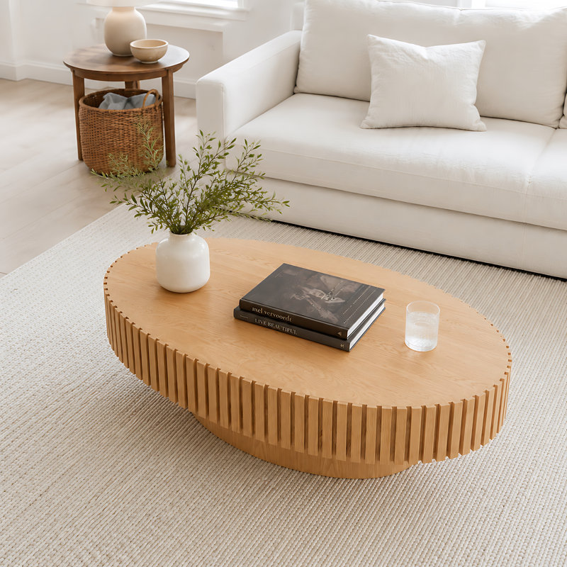 Table basse cannelée avec pied central, Bois de frêne naturel