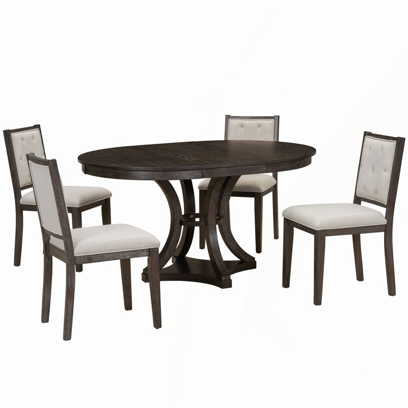  Extendable Round Dining Table Set with Solid Wood Base and 4 Upholstered Chairs, Vintage Finish, Espresso