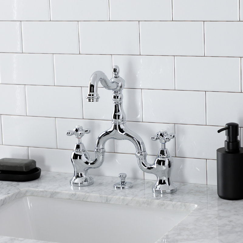 Kingston Brass English Country Two-Handle 3-Hole Deck Mount Bridge Bathroom Faucet with Brass Pop-Up, Polished Chrome