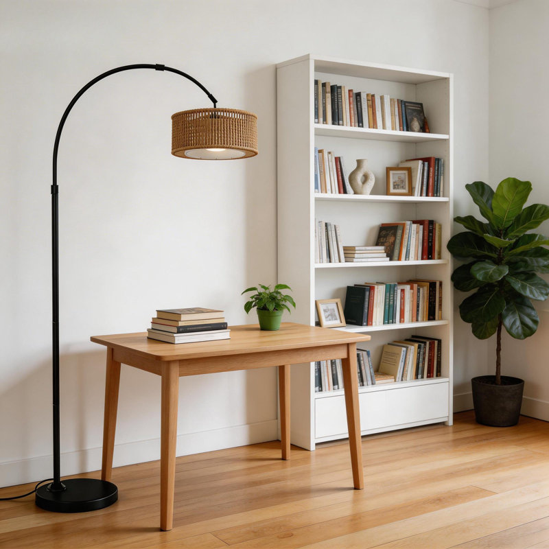 Floor Lamps For Living Room, Arc Floor Lamp with Dimmable Bulb, Boho Rattan Standing Lamp With 3 Color Temperatures, Height Adjustable Tall Lamp For Bedroom, Over Couch Reading Lamp