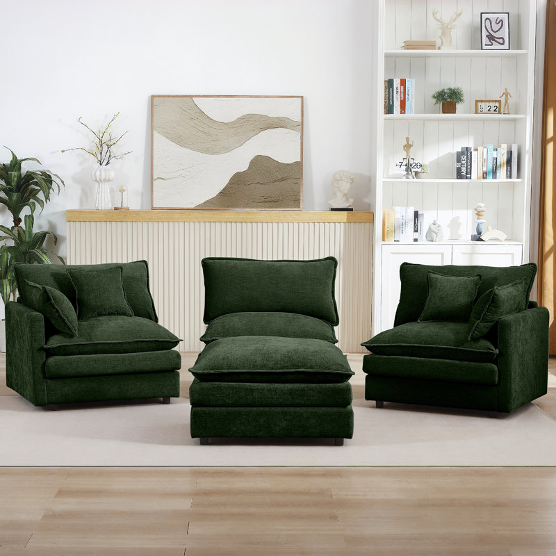 102'' L Shape Modular Sectional Sofa, Chenille Couch, 3 Seaters With Movable Ottoman(Mint Green), Mint Green