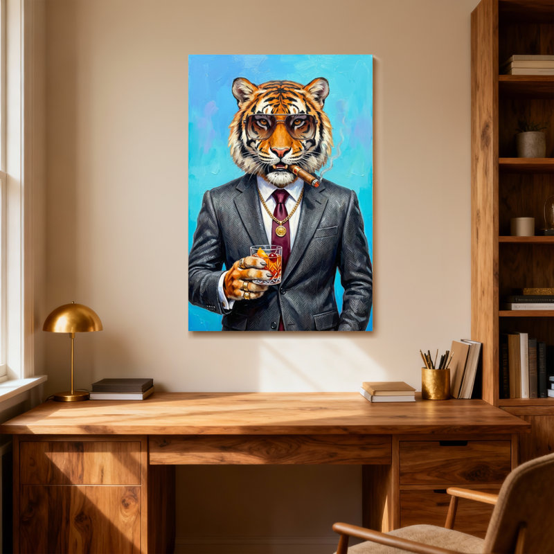 Animaux, tigre en costume avec cigare et boisson, H 18 po x l 12 po