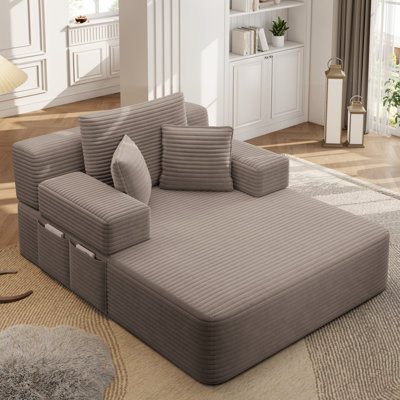 Luxurious Plush Corduroy Chaise Lounge Convertible Sofa Bed With Storage Pocket And Wide Armrests
