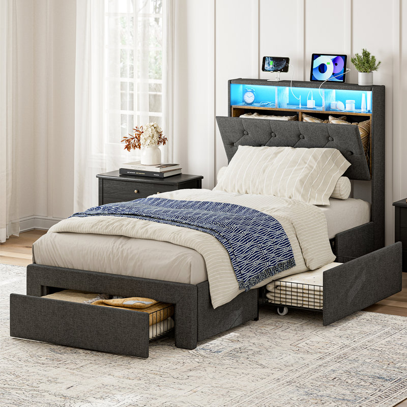 Structure de lit simple TG avec 3 tiroirs de rangement, tête de lit cachée avec lumières à DEL et station de charge, lit plateforme simple TG tapissier, lattes en bois massif, aucun sommier nécessaire, silencieux, gris foncé