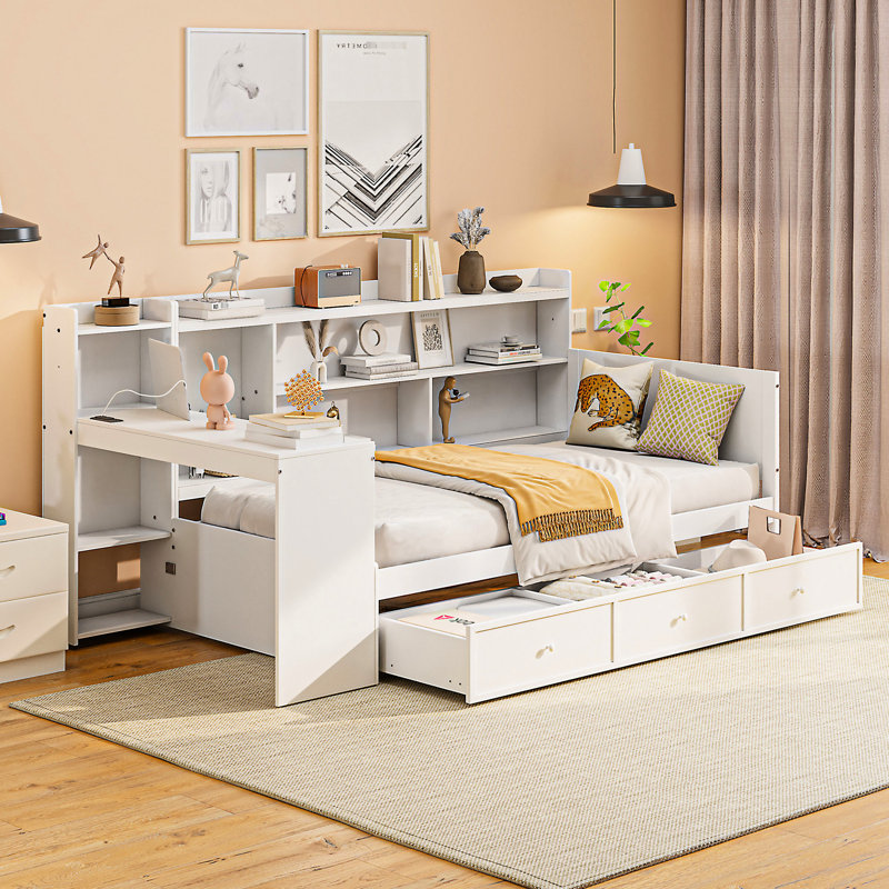 Lit de jour simple avec 3 tiroirs, bureau et ports en blanc - Bois élégant et tiroirs en pin pour une bonne nuit de sommeil