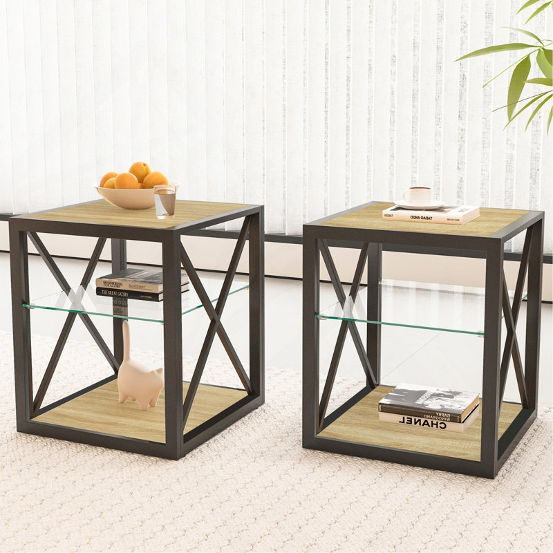 Ensemble de 2 tables de chevet modernes pour chambre à coucher et salon, plateau en panneau de fibres à densité moyenne en bois trempé et bois naturel, table d'appoint de style industriel